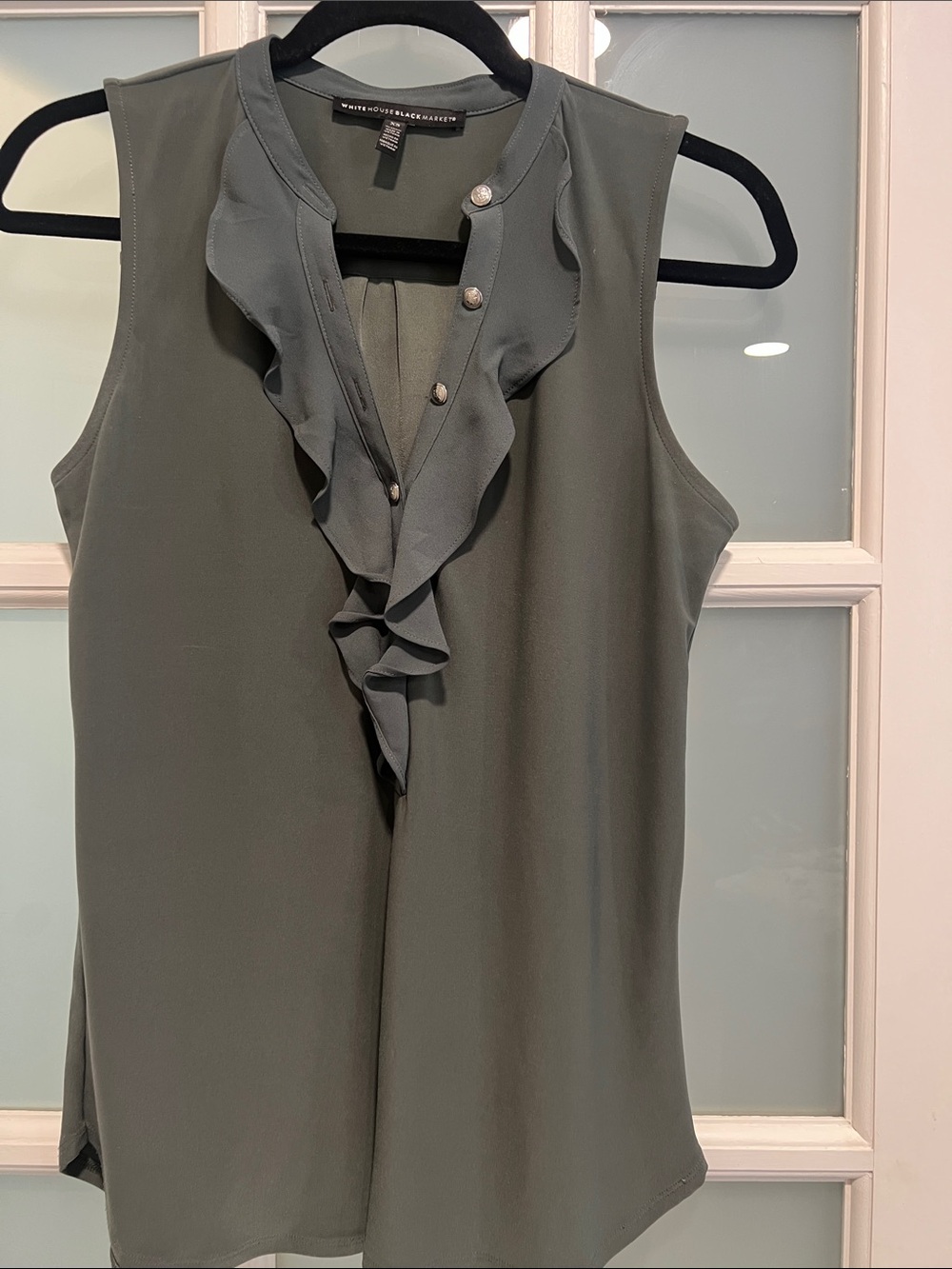 White House Black Market Olive Green Ruffled V-Neck Sleeveless Top
